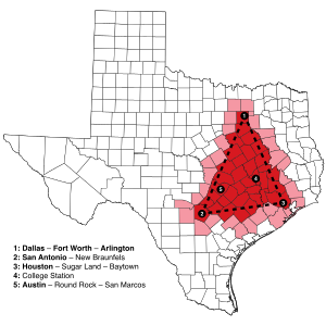 달라스-포트워스(DFW), 휴스턴, 샌안토니오 및 어스틴 대도시(Metro)권으로 구성된 일명 ‘텍사스 트라이앵글’(Texas Triangle)